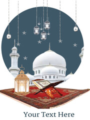  Design for Ramadan Kareem, white mosque element, silver stars, silver and golden lantern
