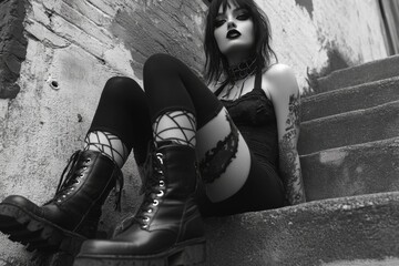 Black and white portrait of a goth model sitting on urban steps, showcasing alternative fashion and dark aesthetic