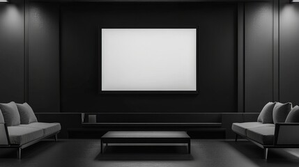 Modern Minimalist Black Room Interior Design Mockup with Empty Frame Stylish Sofa Elegant Home Decor Dark Gray Walls Luxury Apartment Spacious Living 