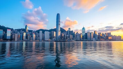 Fototapeta premium Stunning panoramic cityscape of Hong Kong during sunset with vibrant colors reflecting on water creating a picturesque scene : Generative AI