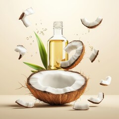 A creative ad concept for mct oil blending coconu coconut oil bottle with coconut and leaves