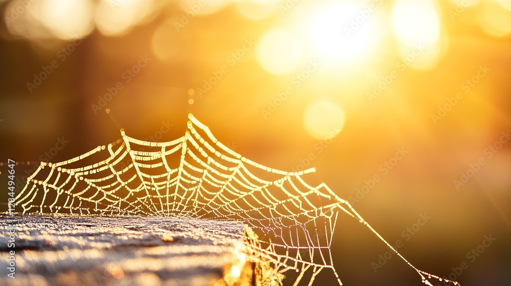 Poster glistening spider web adorned with dew drops reflecting sunlight creating a magical atmosphere in na