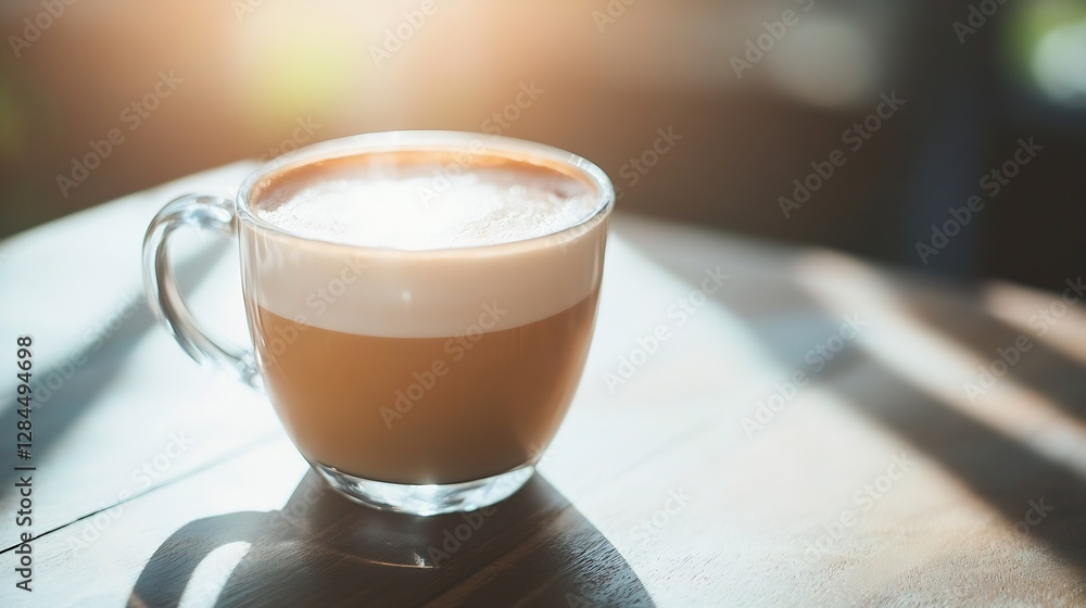 Aufkleber Warm cup of coffee on a wooden table illuminated by soft sunlight creating an inviting atmosphere : Generative AI