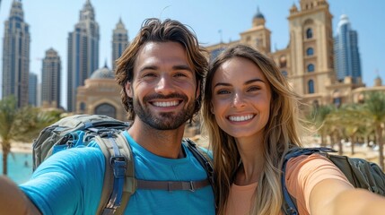 Couple takes cheerful selfie in front of luxurious resort and skyscrapers on a sunny day