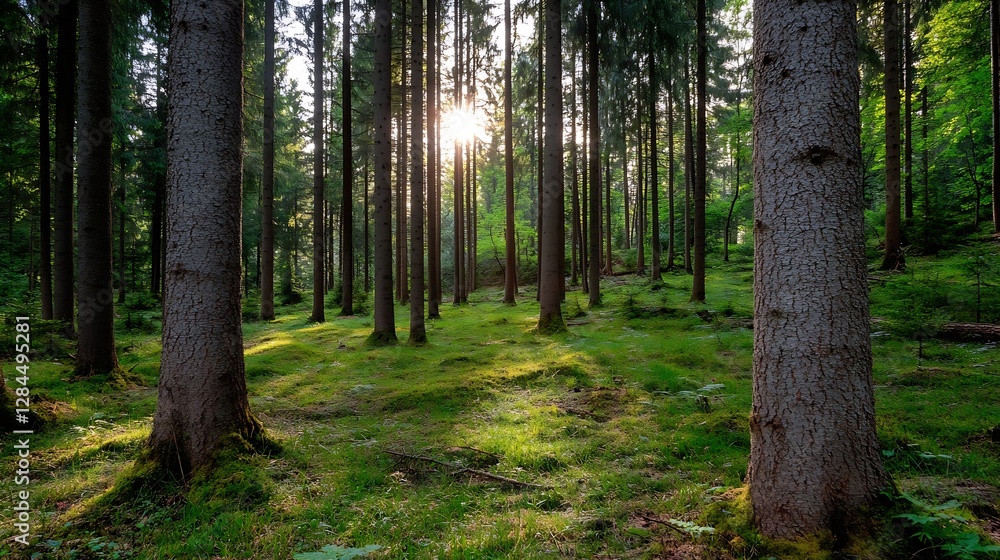 Poster Serene Pine Tree Forest Bathed in Soft Sunlight Creating a Peaceful Atmosphere in Nature : Generative AI