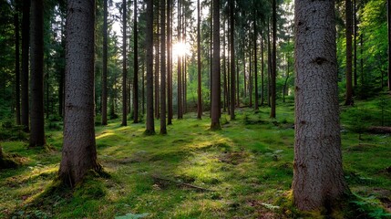 Obraz premium Serene Pine Tree Forest Bathed in Soft Sunlight Creating a Peaceful Atmosphere in Nature : Generative AI