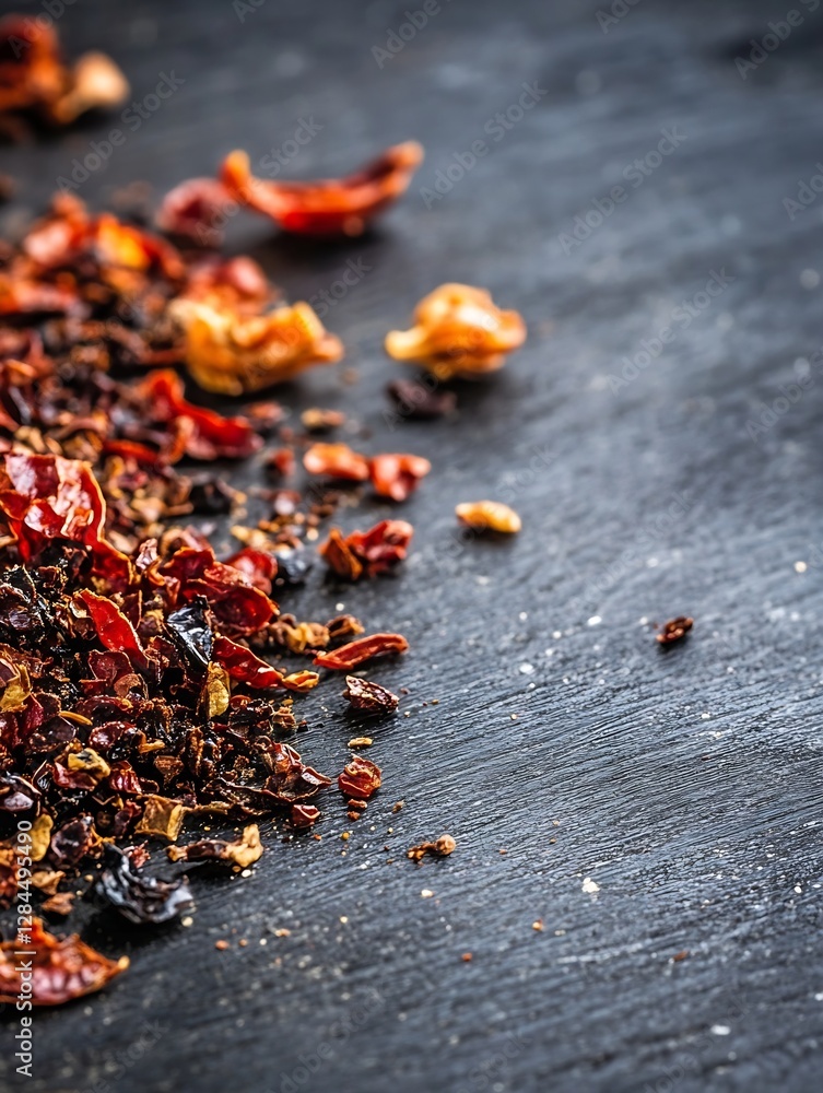 Poster closeup of dried spicy red chili peppers spread out on dark rustic surface creating a rich texture :