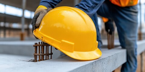 A bright yellow hard hat resting on concrete with construction tools, symbolizing building, safety, and labor in architecture.
