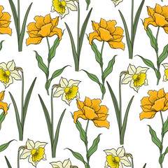 Seamless Pattern With Painted Colorful Flowers Tulips And Daffodils On White Background