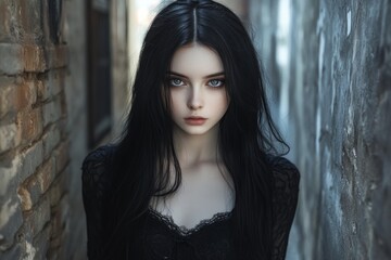 Young gothic woman with long black hair and intense gaze posing in a dark alleyway, showcasing unique fashion and style