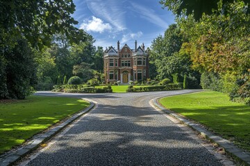 Obraz premium A grand historic mansion at the end of a tree-lined driveway, surrounded by lush gardens.