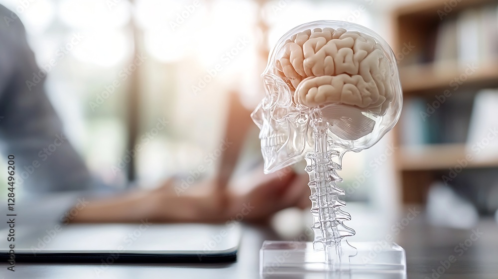 Poster Detailed Representation of a Transparent Human Skull with Visible Brain Structure : Generative AI