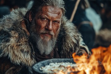 Elder man with a beard cooking over an open fire in a rustic environment during a gathering in a winter setting