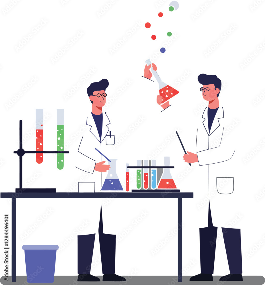 Poster scientists conducting experiments in a laboratory with colorful liquids in flat vector art