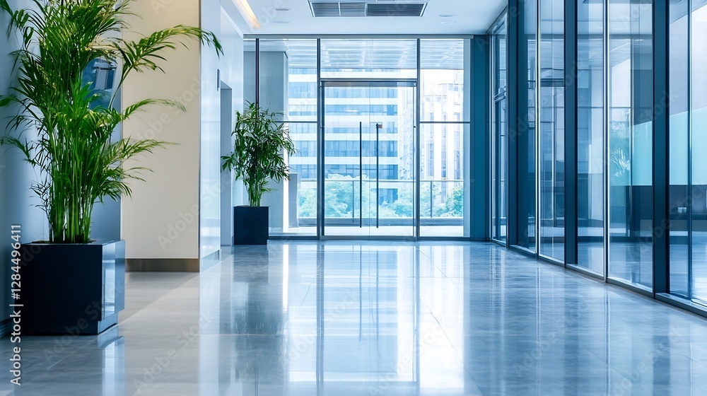 Poster bright and clean office hallway with large windows showcasing greenery and modern design : generativ