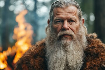 Elderly man with long beard in fur cloak stands near flames in a forest setting during the evening