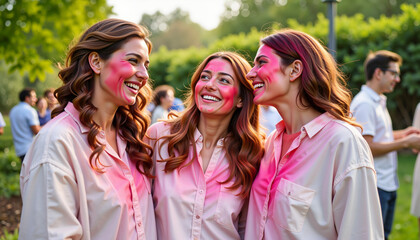 Joyful friends celebrating Holi in vibrant colors, festive atmosphere