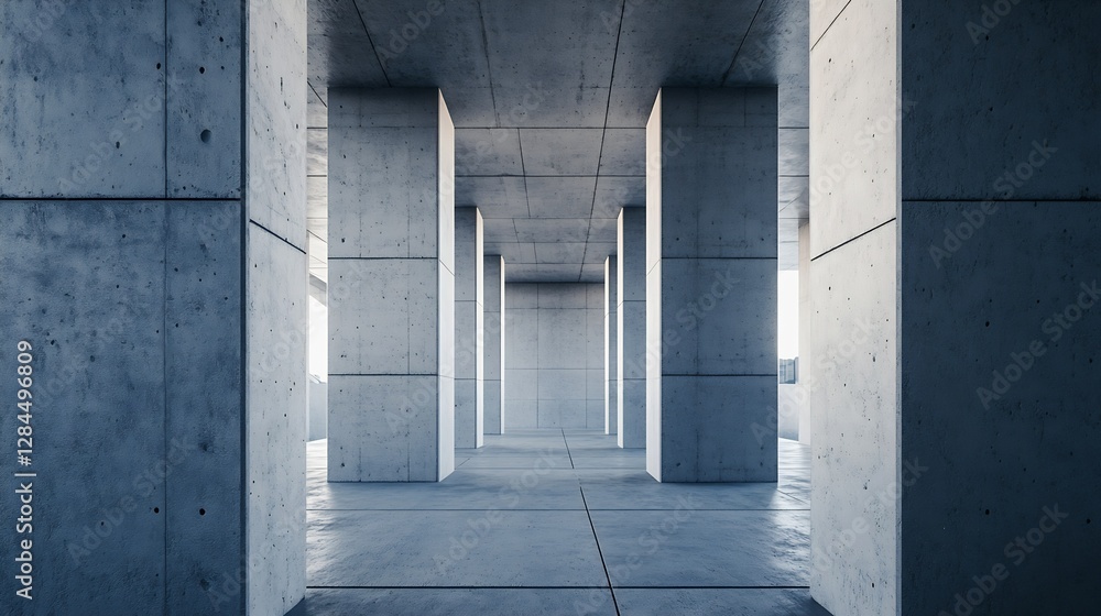 Poster modern architectural interior featuring large concrete columns creating a minimalist and industrial 