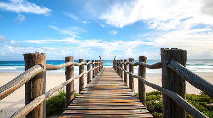 Fototapeta premium This artwork emphasizes the rustic design of a wooden footbridge that leads people to the beach, highlighting the excitement and thrill it provides as well as the trail it offers to paradise.