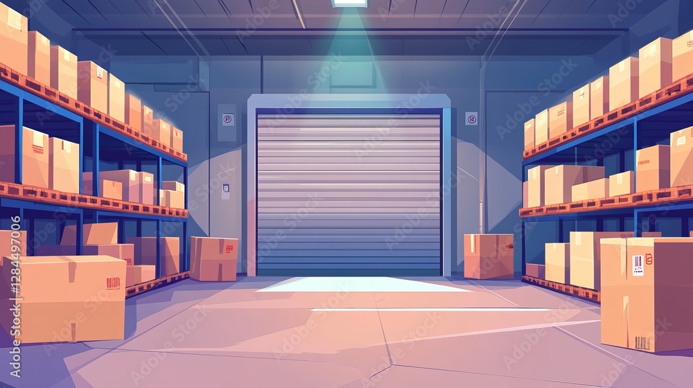 Poster perspective view of a storage room with racks filled with cardboard boxes a closed shutter door and 