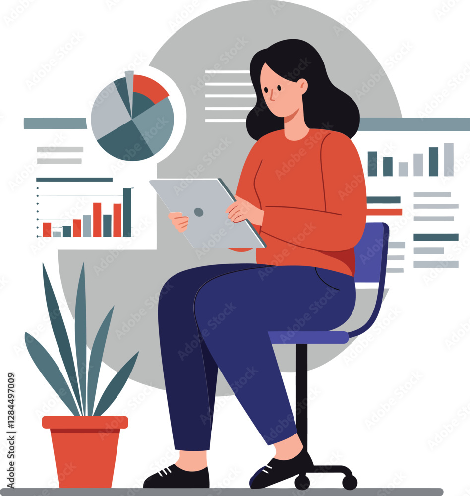 Aufkleber woman analyzing data with charts in minimal flat design vector art