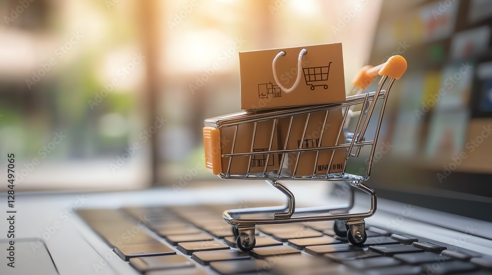 Poster an image featuring a shopping cart with boxes, placed on a laptop keyboard, symbolizing the concept 