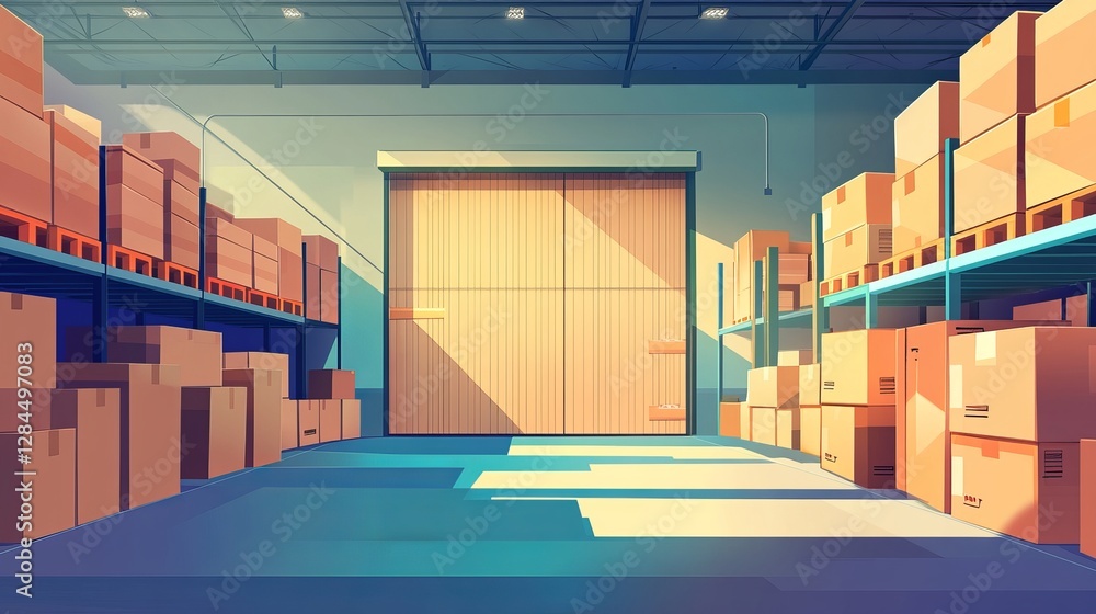 Poster perspective view of a storage room with racks filled with cardboard boxes a closed shutter door and 