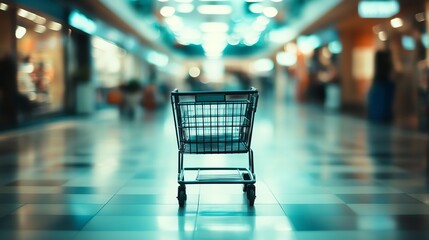 An abandoned shopping cart stands alone in a brightly lit shopping mall, symbolizing consumerism and the shopping experience. The empty space conveys a sense of stillness.