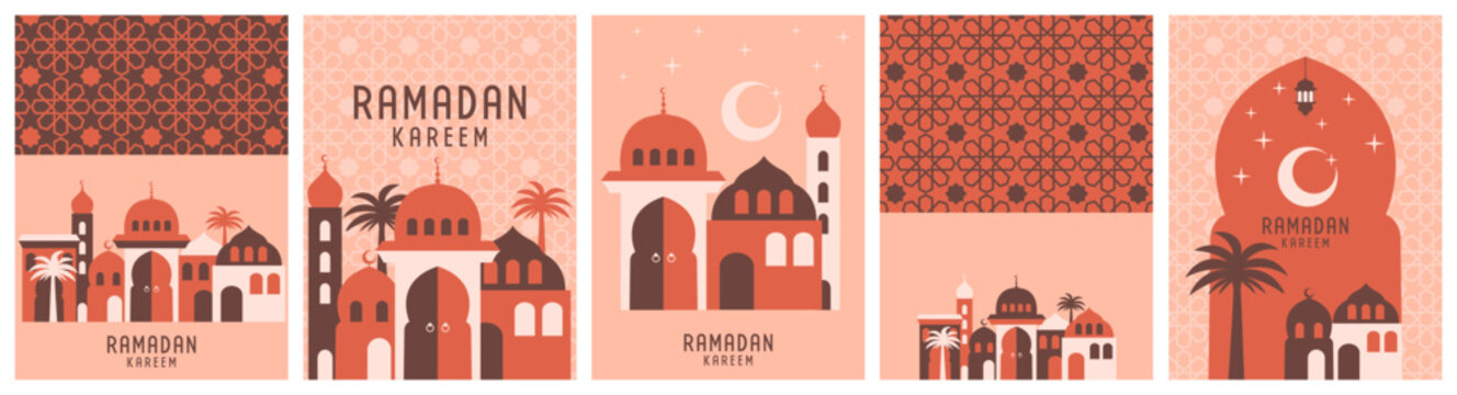 Ramadan Kareem, Eid Mubarak  greeting card, poster, social media banner cover design template modern geometric style, graphic print set collection
