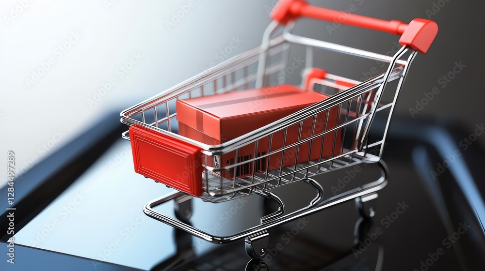 Poster a close-up image of a miniature shopping cart with red boxes inside, on a glossy surface