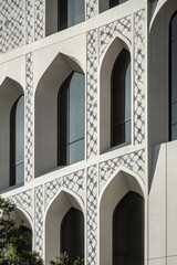 Obraz premium Arched windows, geometric patterns, clean lines, sunlight shadows, contemporary architecture