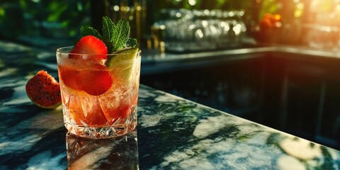 Glass of refreshing summer cocktail with strawberries and ice on a bar counter.