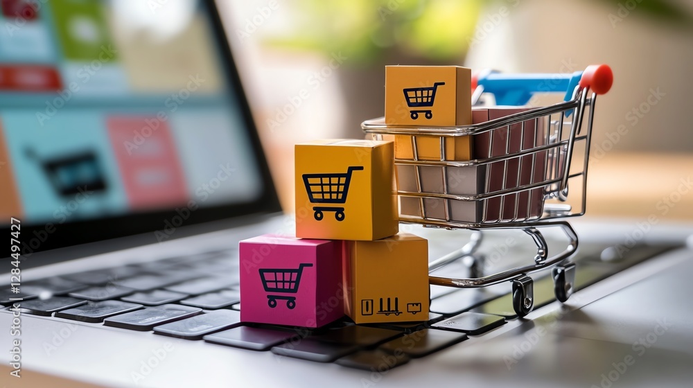 Poster a close-up of a miniature shopping cart with colorful blocks representing online shopping concepts, 
