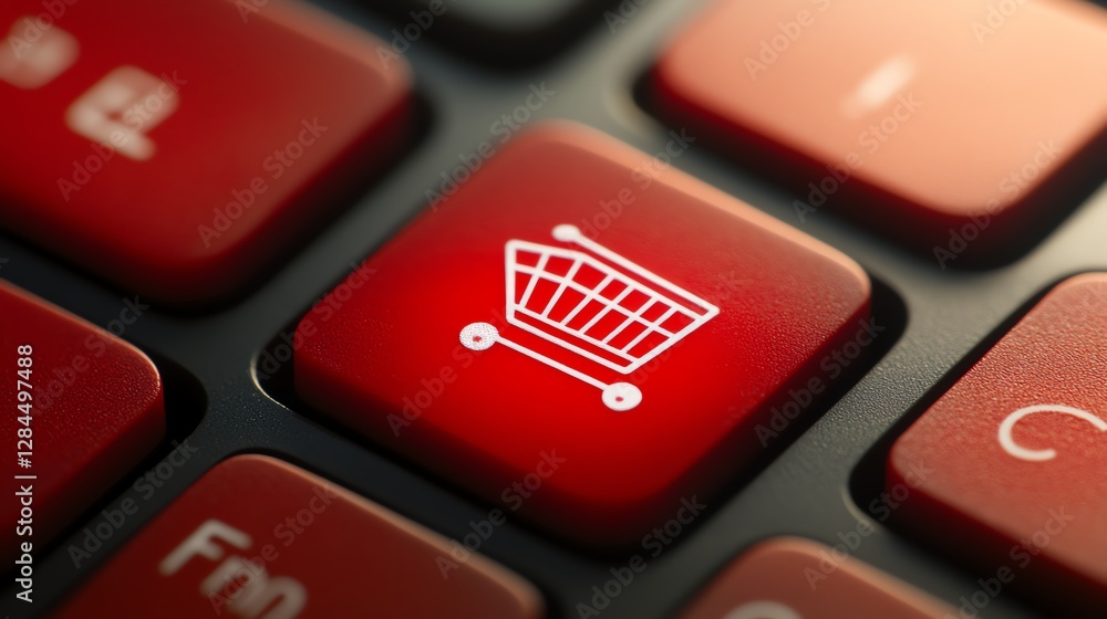 Poster a close-up of a red keyboard key featuring a shopping cart icon, symbolizing online shopping and e-c