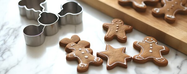 Baking gingerbread cookies with icing on marble countertop and wooden board