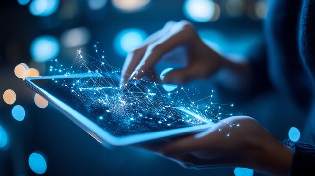 A close-up of a person's hand interacting with a tablet that displays a digital network, symbolizing innovation, connectivity, and advanced technology in modern communication.