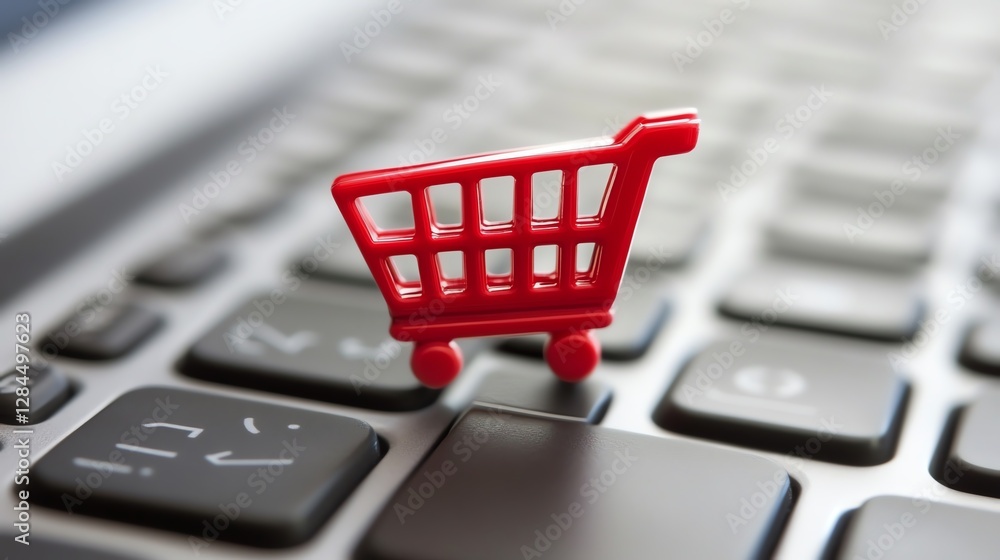 Poster a close-up of a small red shopping cart placed on a computer keyboard, symbolizing online shopping a