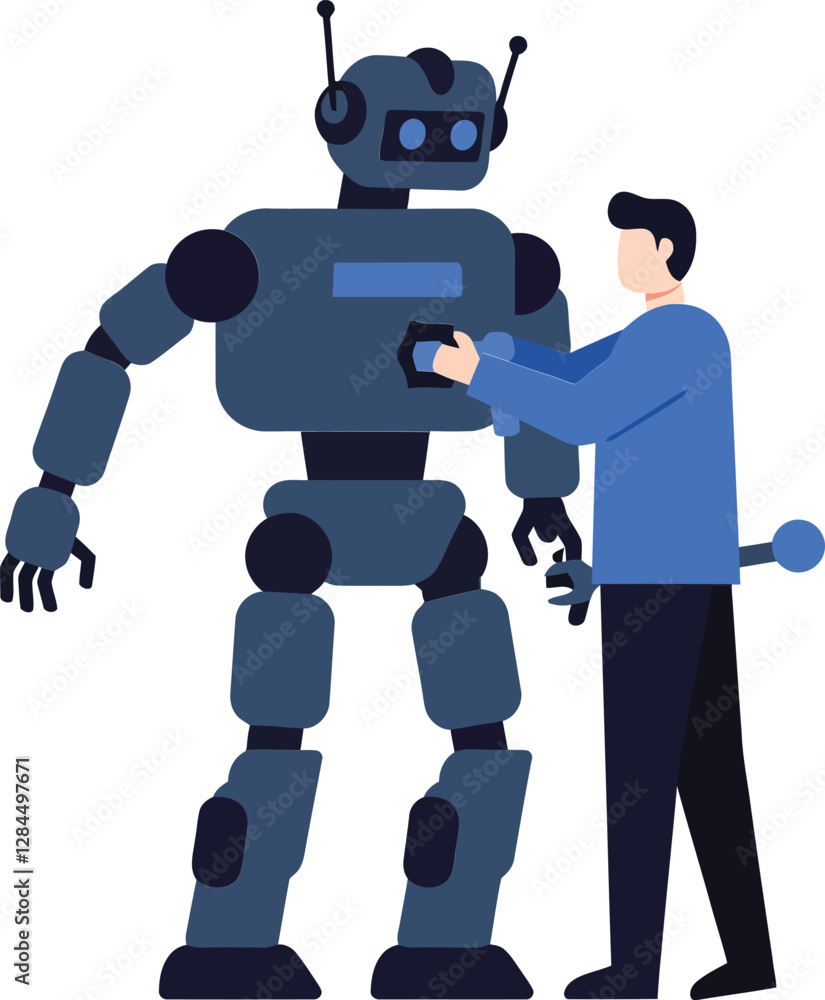 Aufkleber robot interacting with technician in flat digital style vector art