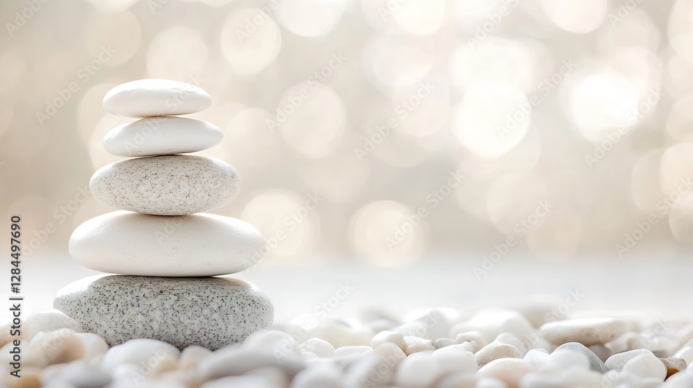 Poster a calming stack of smooth white stones against a soft blurred background creating a sense of peace a