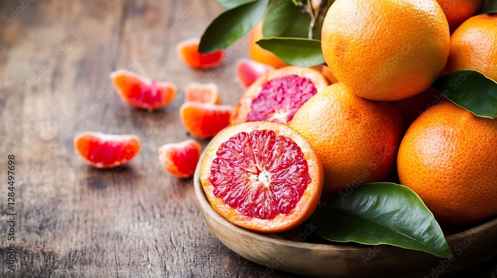 Poster fresh ripe blood oranges displayed on a rustic wooden table with green leaves : generative ai