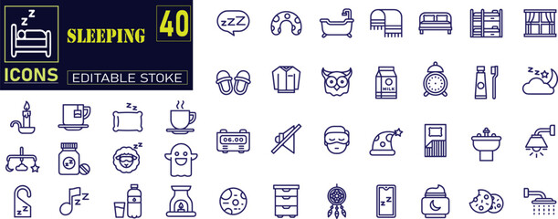 Set of  outline icons related to sleeping . bedroom, dream, pillow, bed, alarm clock, insomnia, night, rest and sleep disorders icons.