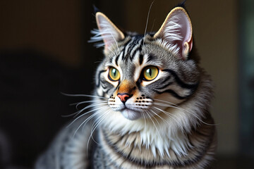 Portrait of cat with fawn fur and striking green eyes against soft background
