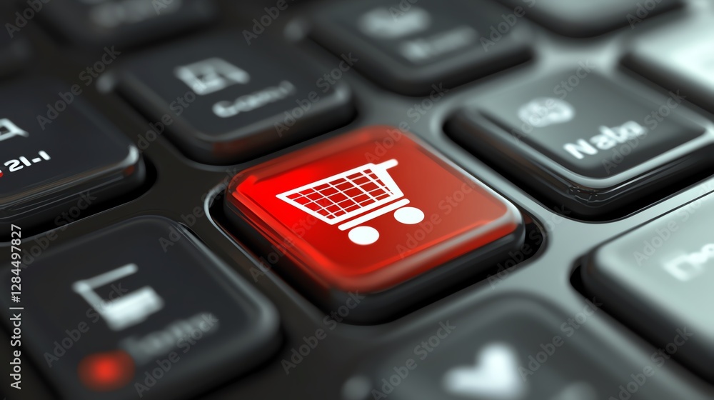 Poster a close-up view of a red shopping cart button on a keyboard, symbolizing e-commerce and online shopp