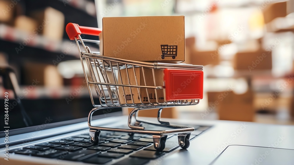 Poster a close-up view of a shopping cart with a cardboard box placed on a laptop keyboard, symbolizing onl