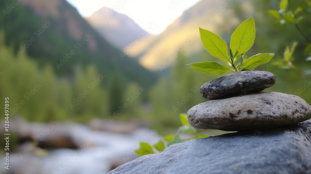 Poster Balanced stone stack with vibrant green leaves beside a flowing river in a serene setting : Generative AI