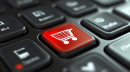 A close-up view of a red shopping cart button on a keyboard, symbolizing e-commerce and online shopping