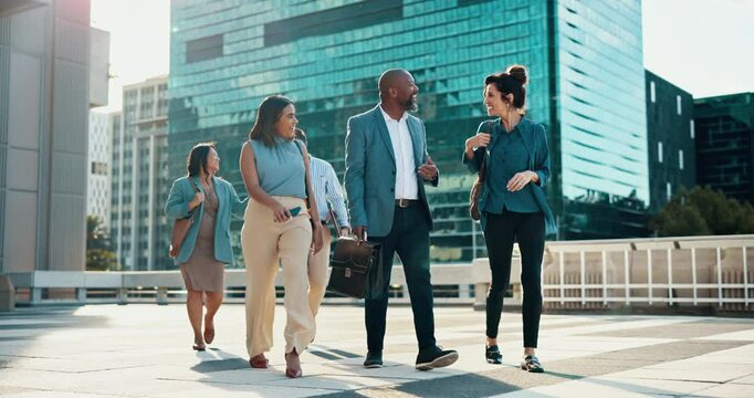 Talking, business and people with walking in city for morning commute, journey and proposal brainstorming. Smile, man woman with conversation for travel, partnership and planning for project teamwork