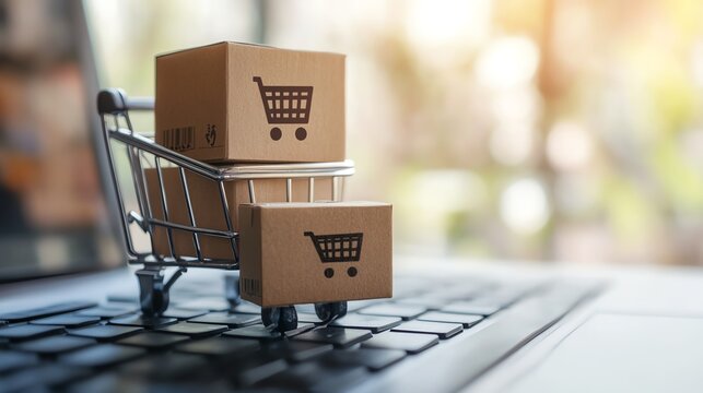 A close-up view of a shopping cart with cardboard boxes, symbolizing online shopping and e-commerce
