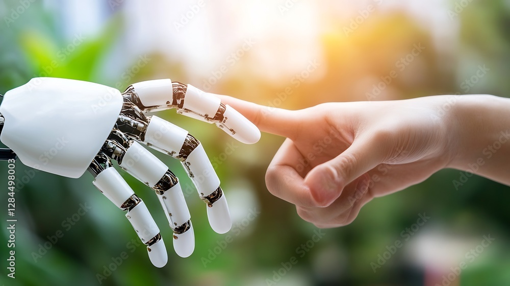 Poster Human Hand and Robotic Hand Touching Together Symbolizing Human and Technology Interaction : Generative AI