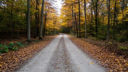 Fototapeta premium Serene autumn pathway lined with colorful leaves creating a picturesque nature escape in the forest : Generative AI